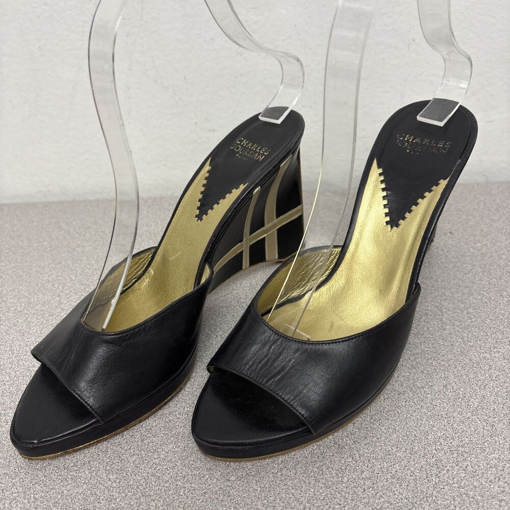 Vintage Charles Jourdan Shoes, Black Leather Wedge, Peep-Toe, Gold Details, 7M